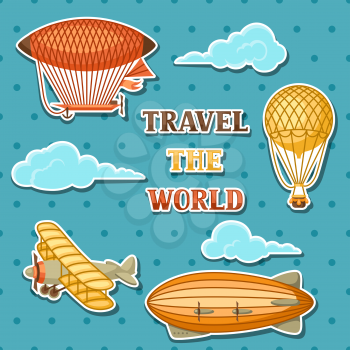 Set of retro air transport. Vintage aerostat airship, blimp and plain in cloudy sky.
