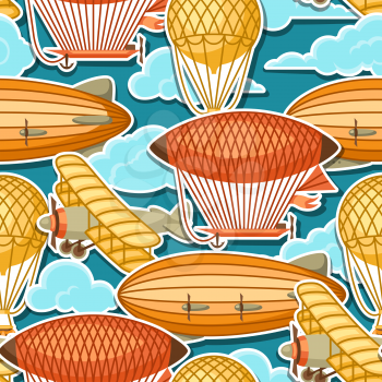 Seamless pattern with retro air transport. Vintage aerostat airship, blimp and plain in cloudy sky.