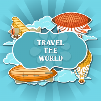 Travel background with retro air transport. Vintage aerostat airship, blimp and plain in cloudy sky.