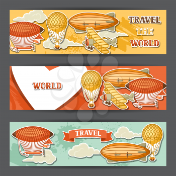 Travel banners with retro air transport. Vintage aerostat airship, blimp and plain in cloudy sky.