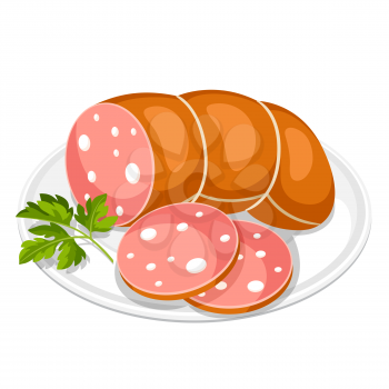 Boiled sausage slices with parsley leaf on white plate.