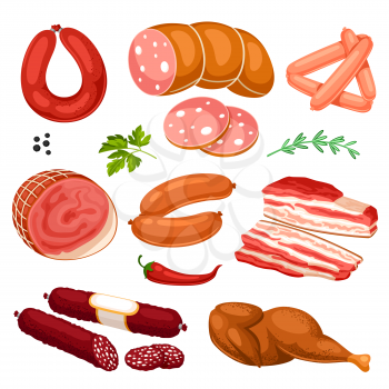 Set of meat products. Illustration of sausages, bacon and ham.