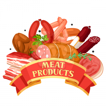 Ribbon with meat products. Illustration of sausages, bacon and ham.