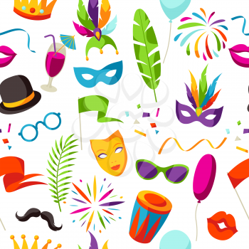 Carnival party seamless pattern with celebration icons, objects and decor.
