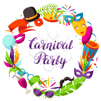 Carnival party frame with celebration icons, objects and decor.