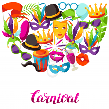 Carnival party background with celebration icons, objects and decor.