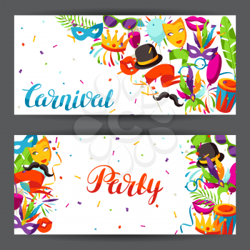 Carnival party banners with celebration icons, objects and decor.