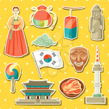 Korea icons set. Korean traditional sticker symbols and objects.
