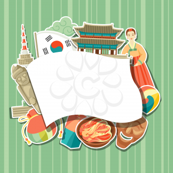 Korea background design. Korean traditional sticker symbols and objects.