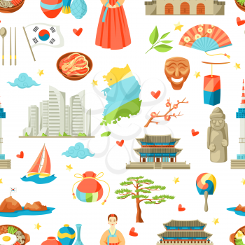 South Korea seamless pattern. Korean traditional symbols and objects.