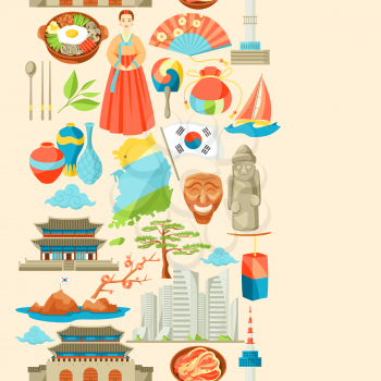 South Korea seamless pattern. Korean traditional symbols and objects.