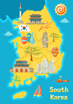 South Korea map design. Korean traditional symbols and objects.