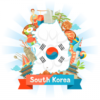 South Korea map design. Korean traditional symbols and objects.