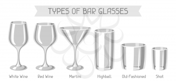 Types of bar glasses. Set of alcohol glassware.