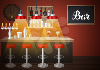 Bar counter in pub or night club. Illustration of interior with accessories, beverages and cocktails.