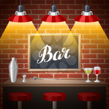 Bar counter in pub or night club. Illustration of interior with accessories, beverages and cocktails.