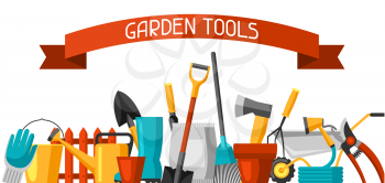 Banner with garden tools and icons. All for gardening business illustration.