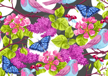 Spring garden seamless pattern. Natural illustration with blossom flower, robin birdie and butterfly.