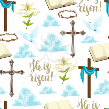 Happy Easter seamless pattern of decorative objects. Religious symbols of faith.