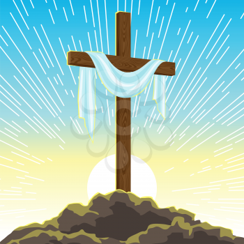 Silhouette of wooden cross with shroud. Happy Easter concept illustration or greeting card. Religious symbol of faith against sunrise sky.