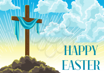 Silhouette of wooden cross with shroud. Happy Easter concept illustration or greeting card. Religious symbol of faith against cloudy sunrise sky.