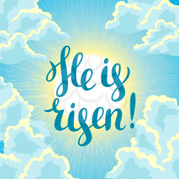 He is risen. Happy Easter concept illustration or greeting card. Religious symbol of faith against cloudy sunrise sky.