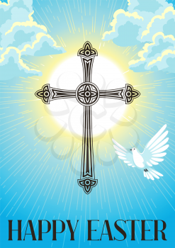 Silhouette of ornate cross with dove. Happy Easter concept illustration or greeting card. Religious symbol of faith against cloudy sunrise sky.
