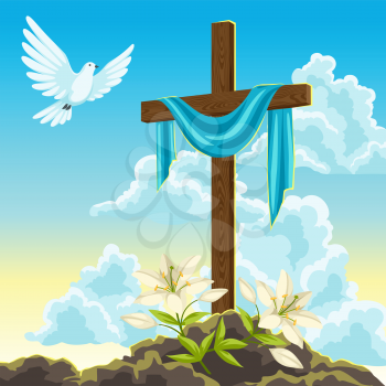 Silhouette of wooden cross with shroud, dove and lilies. Happy Easter concept illustration or greeting card. Religious symbols of faith against sunrise sky.