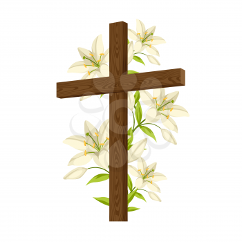 Silhouette of wooden cross with lilies. Happy Easter concept illustration or greeting card. Religious symbols of faith.