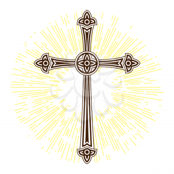 Silhouette of ornate cross with sun lights. Happy Easter concept illustration or greeting card. Religious symbol of faith.