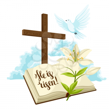 Wooden cross with bible, lily and dove. Happy Easter concept illustration or greeting card. Religious symbols of faith against clouds.