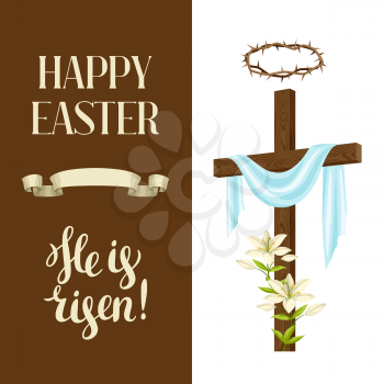 Wooden cross with shroud, lily, crown of thorns. Happy Easter concept illustration or greeting card. Religious symbols of faith.