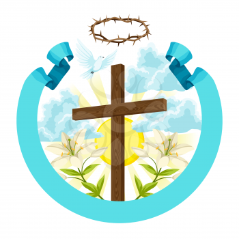 Wooden cross with thorns, lily and dove. Happy Easter concept illustration or greeting card. Religious symbols of faith.