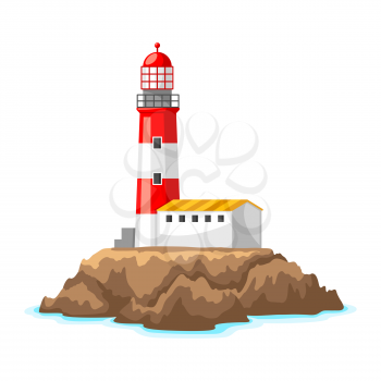 Illustration of lighthouse on rocky coast. Landscape with ocean and rocks. Travel background.