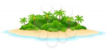 Illustration of tropical island in ocean. Landscape with ocean and palm trees. Travel background.