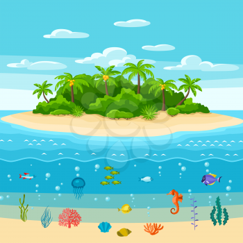Illustration of tropical island in ocean. Landscape with ocean, palm trees and underwater life. Travel background.