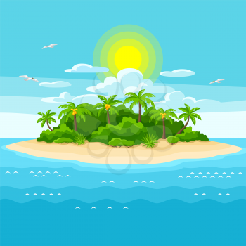 Illustration of tropical island in ocean. Landscape with ocean and palm trees. Travel background.