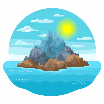 Illustration of rocky island in ocean. Landscape with ocean and rocks. Travel background.