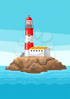 Illustration of lighthouse on rocky coast. Landscape with ocean and rocks. Travel background.