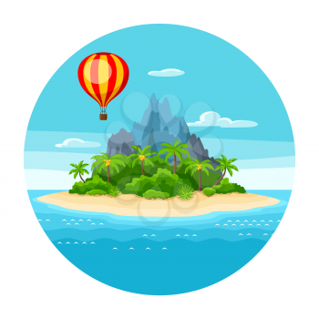 Illustration of tropical island in ocean. Landscape with hot air balloon, palm trees and rocks. Travel background.