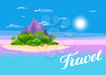 Illustration of tropical island in ocean. Landscape with ocean, palm trees and rocks. Travel background.