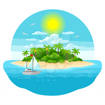 Illustration of tropical island in ocean. Landscape with ocean, palm trees and yacht. Travel background.