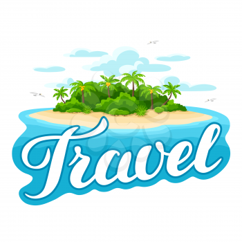 Illustration of tropical island in ocean. Landscape with ocean, palm trees and yacht. Travel background.