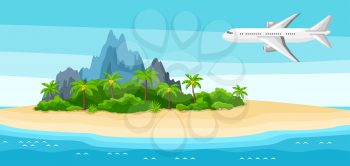 Illustration of tropical island in ocean. Landscape with airplane, palm trees and rocks. Travel background.