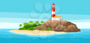 Illustration of lighthouse on rocky coast. Landscape with ocean, palm trees and rocks. Travel background.