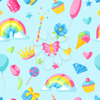Seamless pattern with fantasy and birthday party items.