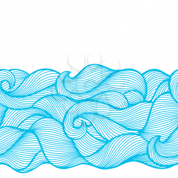 Wavy curled seamless pattern. Abstract outline blue texture.