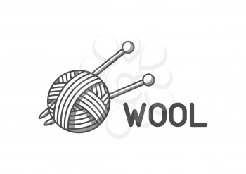 Wool emblem with with ball of yarn and knitting needles. Label for hand made, knitting or tailor shop.