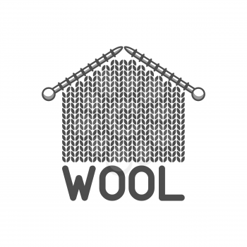 Wool emblem with knitted fabric and needles. Label for hand made, knitting or tailor shop.