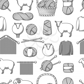 Seamless pattern with wool items. Goods for hand made, knitting or tailor shop.
